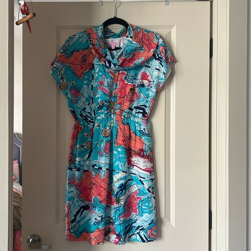 Lilly Pulitzer map print silk dress, small